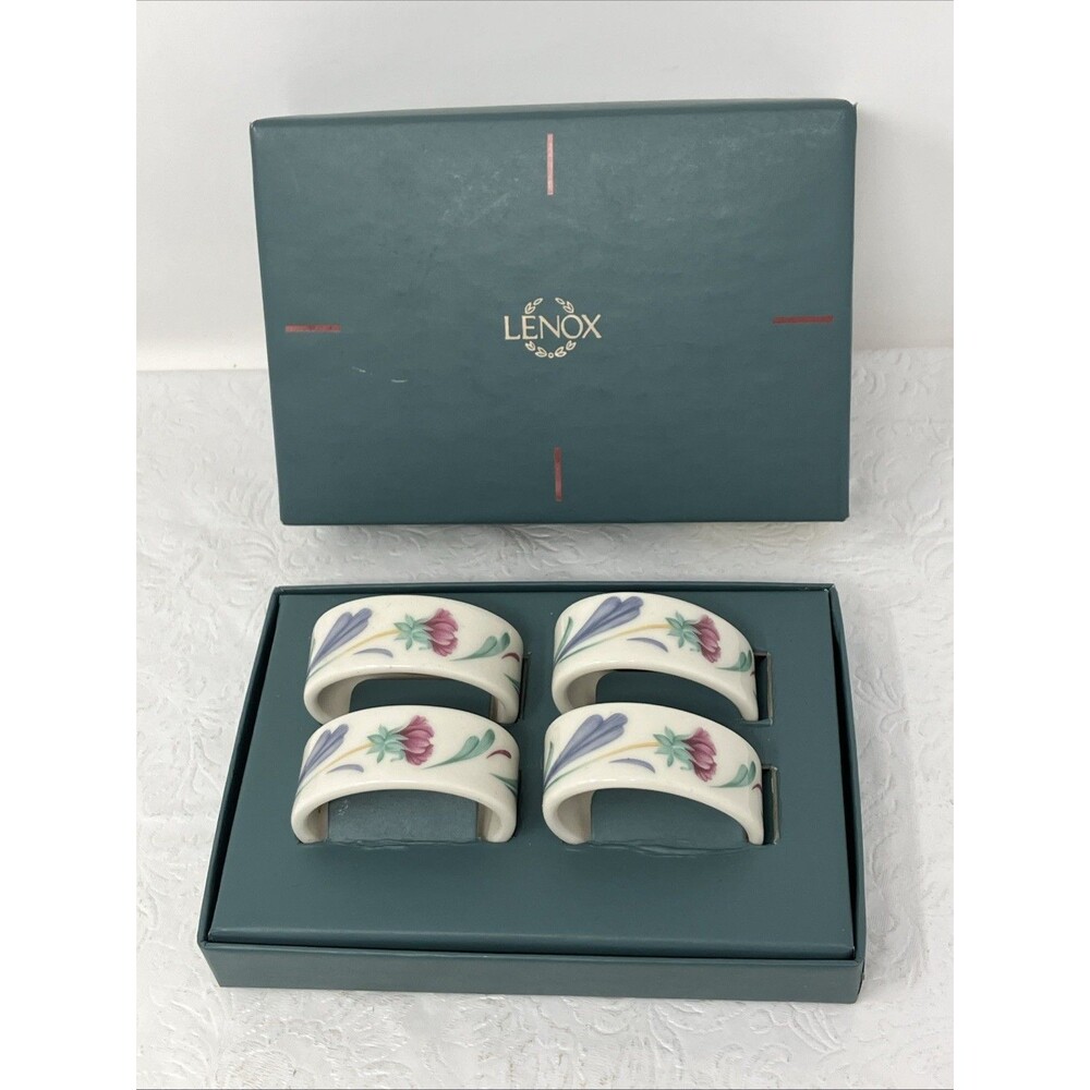 Lenox Poppies on Blue Napkin Ring Set of 4 Oval w/ Original Box Floral